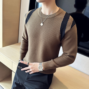 华夫格拼色毛衣男针织套头毛衣圆领毛线针织衫咖啡色M9913-P88图片