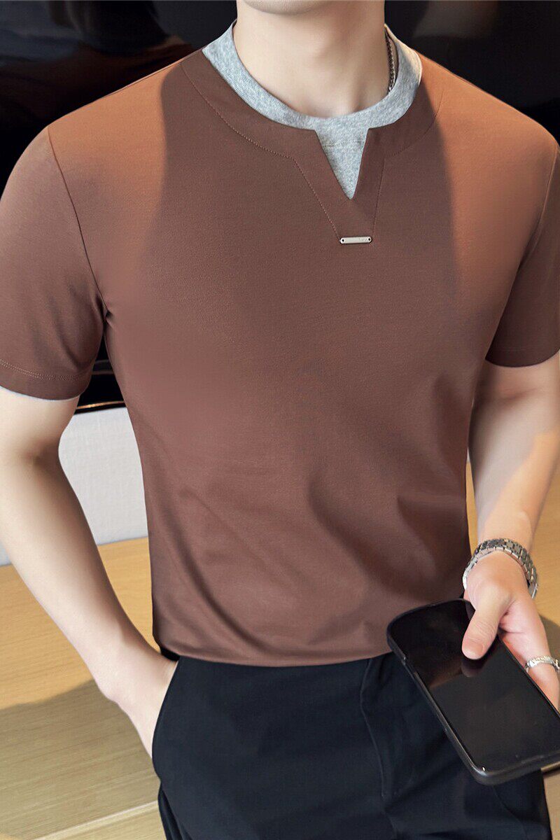 薄款液氨棉假两件短袖T恤男个性金属装饰撞色时尚叠穿潮T2825-P63,男装T恤,电商A213