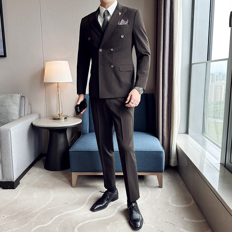 色织高品质面料西服套装戗驳领双排扣条纹西装三件套SJT8020-P275,男装西服套装,电商A213