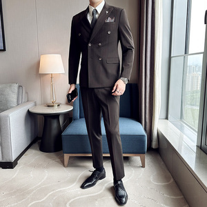 色织高品质面料西服套装戗驳领双排扣条纹西装三件套SJT8020-P275图片