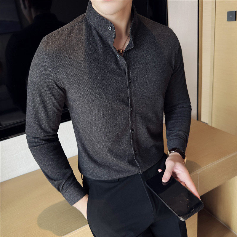 秋冬加厚磨毛保暖毛呢衬衫男高级感立领衬衣安克拉红C6645-P73图片