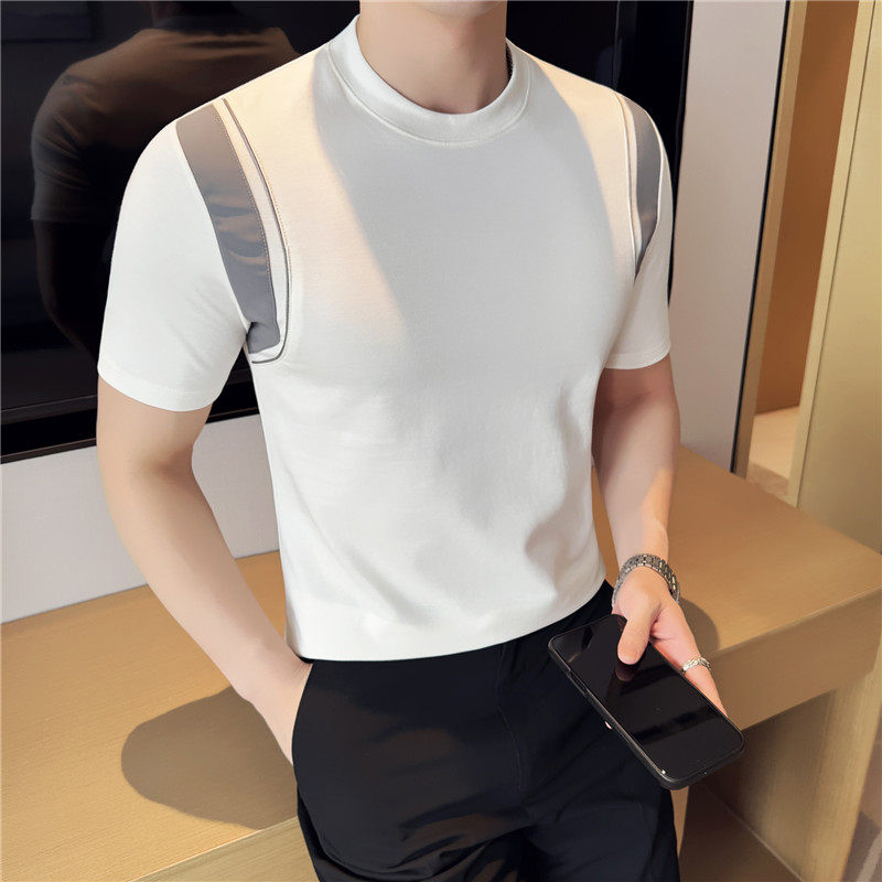 夏季冰感透气锦棉高品质面料背带拼接设计感短袖T恤白色T7871-P50，男装T恤，电商A213