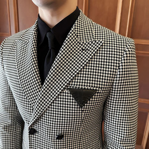 戗驳领双排扣千鸟格拼色西服外套男皮口袋装饰西装DX8819-P147图片