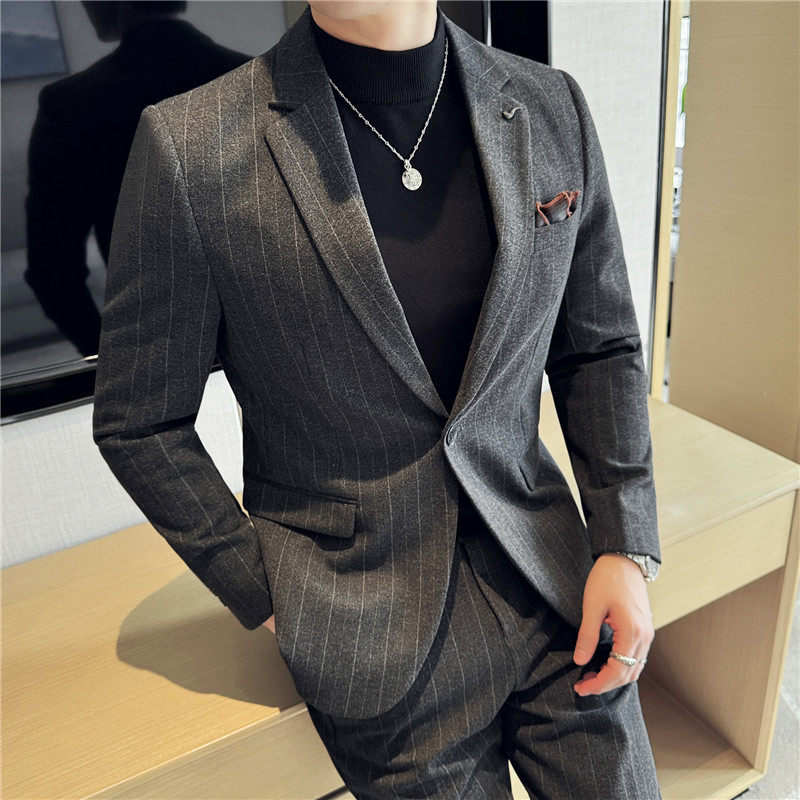 高级感条纹毛呢休闲西装外套男修身韩版秋冬加厚西服DX6953-P155图片