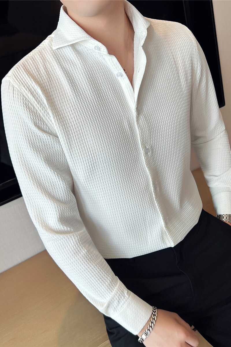 温莎领衬衣帅气高档华夫格长袖衬衫男垂感一字领衬衣白色CXT3-P63,男装衬衫,电商A213