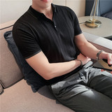夏季时尚暗条纹针织Polo衫拼色修身翻领短袖T恤卡其色PL9725-P60，男装T恤，电商A213