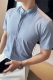 高级感立领衬衫男短袖圆领衬衣休闲时尚衬衣蓝色C2336-P58，男装T恤，电商A213