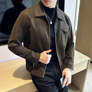 高级感翻领皮衣休闲外套男士华夫格亮面皮夹克咖啡色JK7208-P147图片