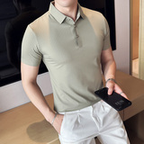 英伦风~暗条纹高弹冰丝翻领无痕T恤男士短袖POLO衫蓝色PL06-P60，男装T恤，电商A213