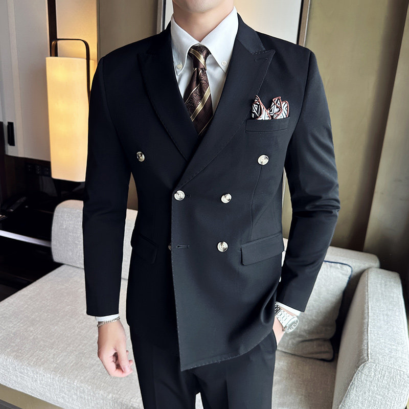 新增黑色~高品质西服戗驳领双排扣纯色西装三件套男SJT8016-P275,男装西服套装,电商A213