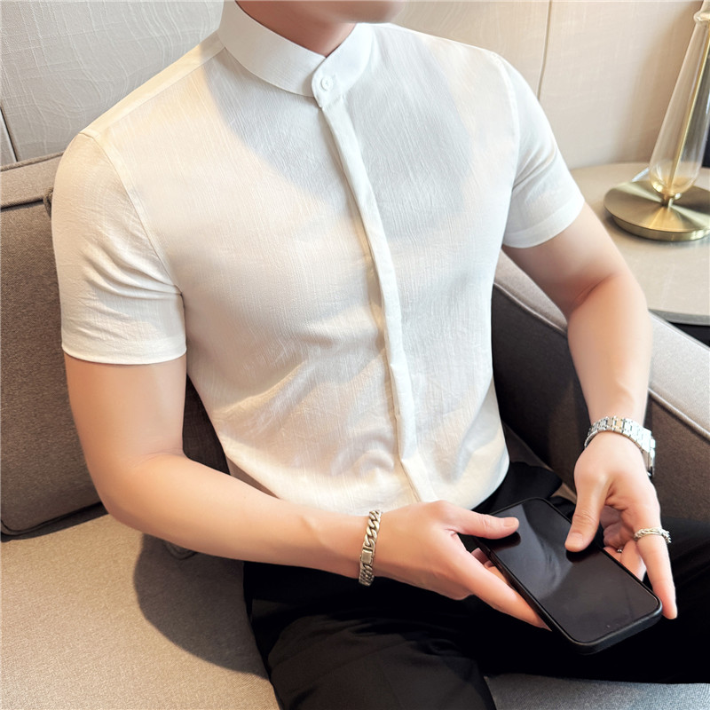 新中式立领衬衫冰丝透气褶皱肌理纹细条纹短袖衬衫白色C1015-P58,男装衬衫,电商A213