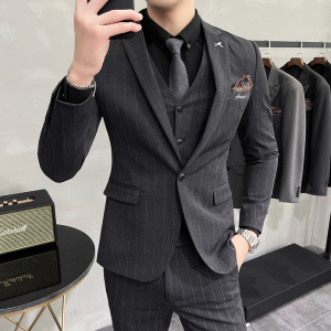 刺绣条纹西装男套装韩版修身商务西服三件套休闲深灰SJT107/P255图片