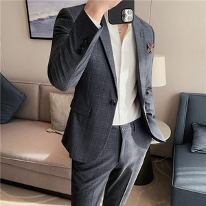 长期做 男士格子西装两件套修身西服套装帅气LJT873-P230图片
