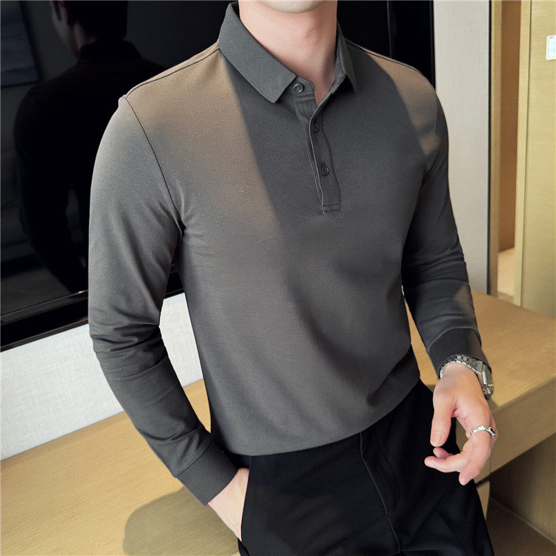 高品质做工~高级感长袖polo衫翻领纯色带领t恤枣红色PL35008-P52图片