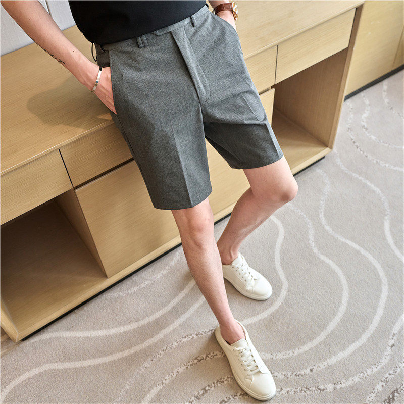 可拉伸松紧腰短裤潮男弹力垂感西裤修身休闲五分裤中灰色DK11-P57，男装西裤，电商A213