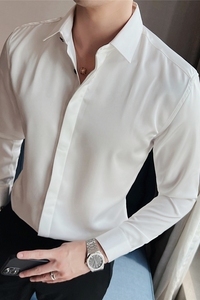 商务绅士绸缎长袖衬衫时尚雅痞型男高端丝滑坠感衬衣白色CXT9-P63图片