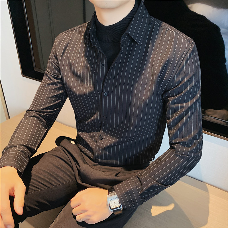 长期做假两件修身条纹衬衫半高领毛衣个性黑色衬衫男CM9201-P90,男装针织衫/毛衣,电商A213