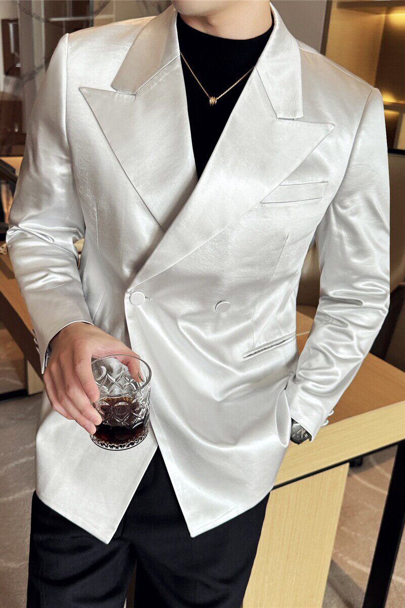 主持人高级感西装外套亮面皮衣休闲时尚皮西服灰色DX702-P178，男装西服套装，电商A213