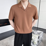 轻熟风~冰丝华夫格古巴领polo衫男西装领短袖T恤蓝色PL2238-P53，男装T恤，电商A213