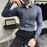 高级感弹力无痕压胶坠感丝滑长袖衬衫男修身衬衣黑色C6018-P78，男装衬衫，电商A213