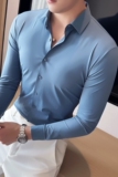 新增蓝色~大货~无痕压胶坠感丝滑男长袖衬衫男修身衬衣C8630-P78，男装衬衫，电商A213