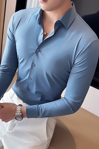 新增蓝色~大货~无痕压胶坠感丝滑男长袖衬衫男修身衬衣C8630-P78图片