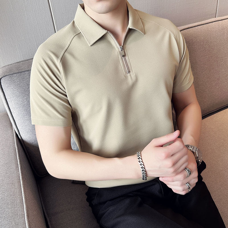 高级感弹力冰丝泡泡纱半拉链polo衫男士短袖翻领t恤PL2502-P50特图片