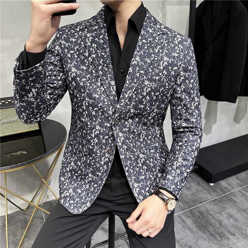 秋冬高级感花色西服外套男印花西装厚款单西上衣黑色DX920-P155图片