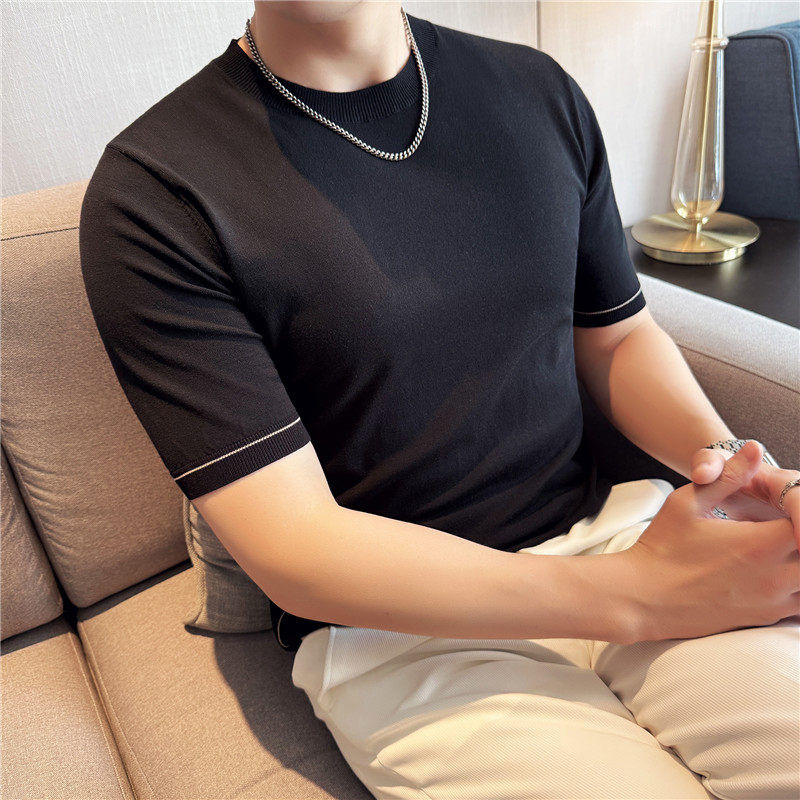 【天丝莱赛尔】夏季冰丝薄款条纹拼色圆领针织短袖T恤男T2408-P63图片