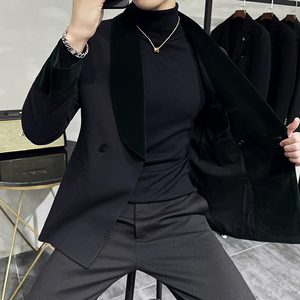 丝绒拼接青果领~质感高档帅气西服男西装外套结婚礼服DX941-P155图片