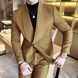 双排扣青果领男士休闲西服套装帅气西装两件套卡其色LJT8811-P200，男装西服，电商A213