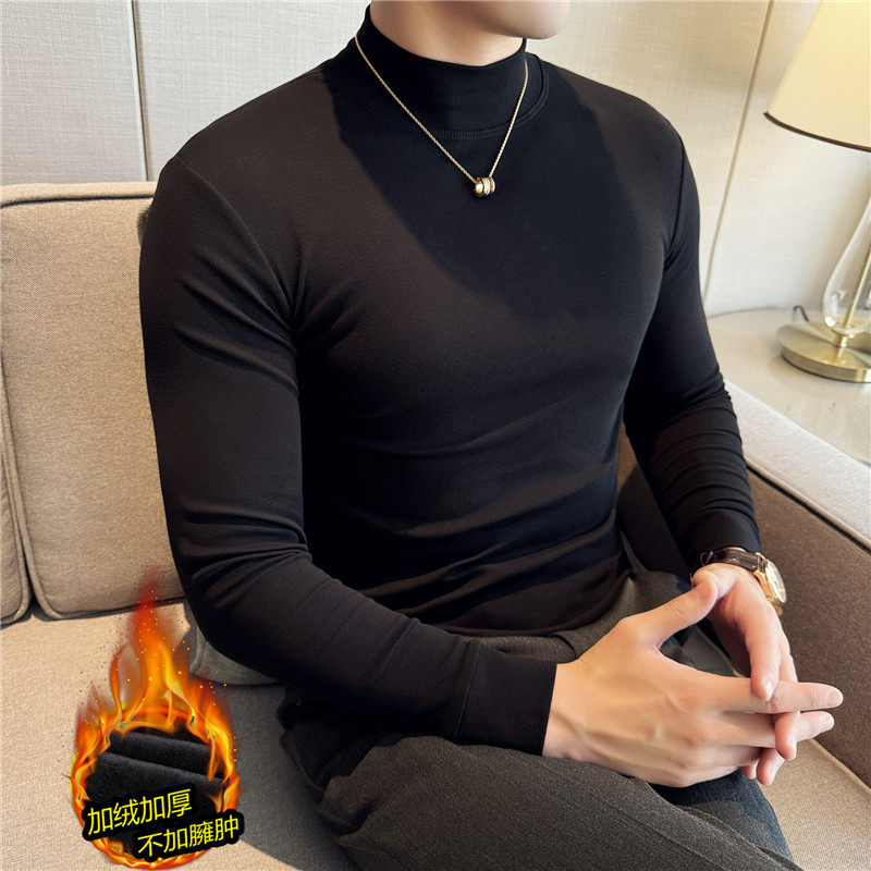 加厚加绒保暖半高领弹力t恤修身长袖纯棉中领打底衫黑色TU282-P50,男装T恤,电商A213