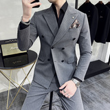 质感戗驳领双排扣西服套装修身高级感条纹西装藏青色LJT152-P230，男装西服套装，电商A213