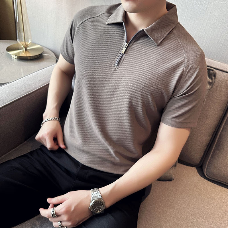 高弹冰丝泡泡面料半拉链白色polo衫男短袖修身翻领t恤PL2502-P58,男装T恤,电商A213