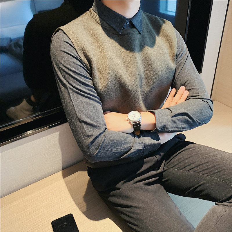 补齐大货 质感衬衫领假两件纯色毛衣针织套头毛衣男黑色M1511-P95图片