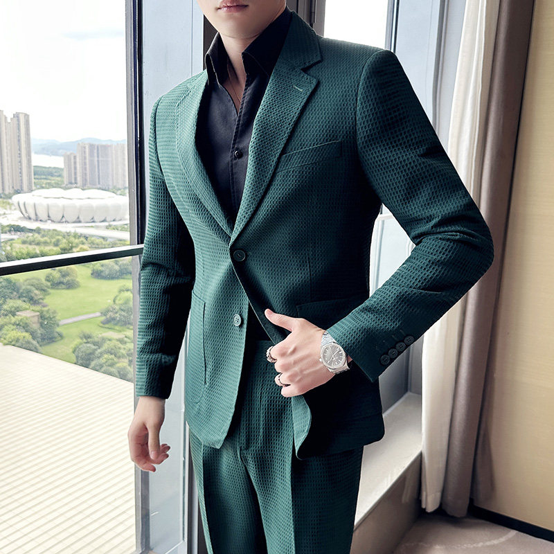 高级感华夫格帅气西服两件套男质感休闲西装套装绿色LJT918-P205，男装西服套装，电商A213