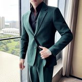 高级感华夫格帅气西服两件套男质感休闲西装套装绿色LJT918-P205，男装西服套装，电商A213