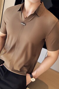 高级感面料~冰丝无痕压胶高弹V领薄款华夫格短袖Polo衫PL2507-P73图片