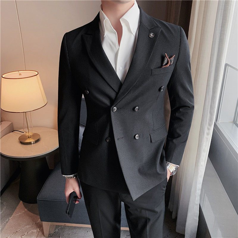高品质条纹双排扣西装男上衣修身休闲西服外套单西黑色DX112-P155图片