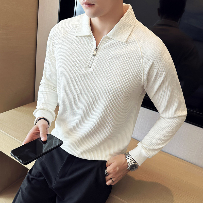 高弹加厚泡泡纱面料半拉链polo衫男长袖翻领t恤黑色PL2637-P63,男装T恤,电商A213