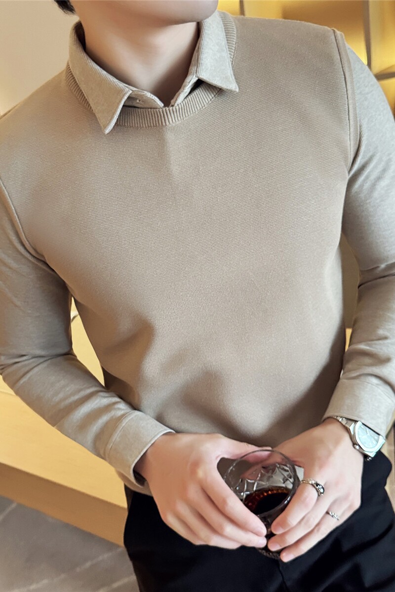 暗条纹灯芯绒质感毛呢衬衫领男加厚毛衣假两件卡其色M9386-P93图片