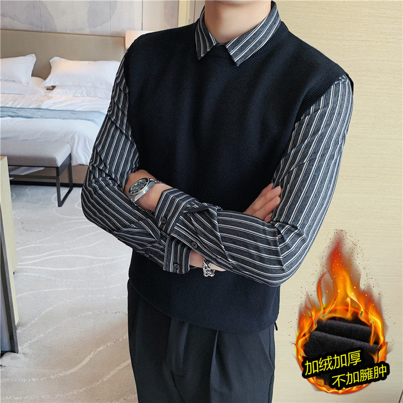 保暖加厚加绒时尚假两件条纹拼接衬衫领针织背心男毛衣JR6801-P98