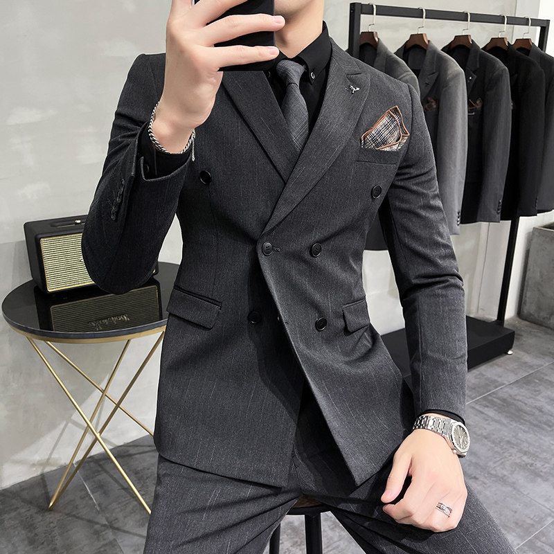 秋装条纹西装男套装韩版修身双排扣西服三件套中灰色SJT302/P280,男装西服套装,电商A213