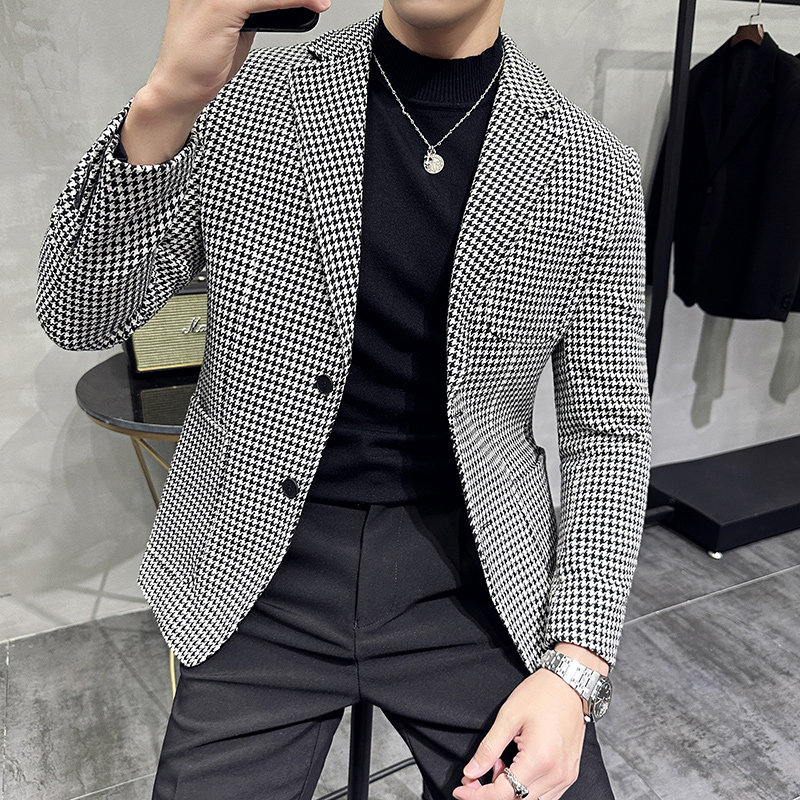 高级感厚款西装外套男潮流修身黑白拼接千鸟格子西服男DX916-P138,男装西服套装,电商A213
