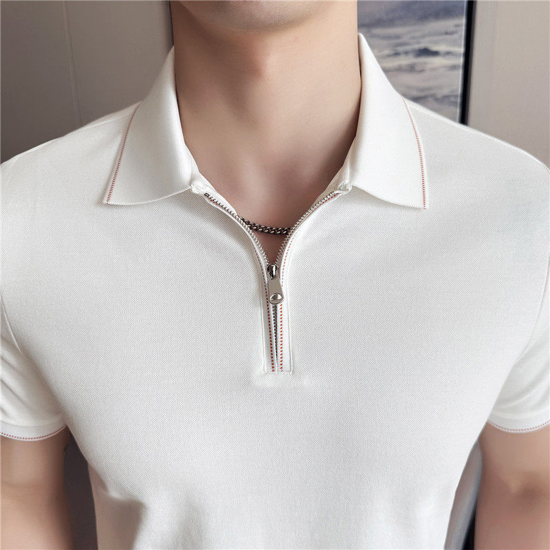 半拉链短袖Polo衫时尚翻领薄款休闲冰丝弹力T恤咖啡色PL2710-P57，男装Polo衫，电商A213
