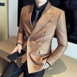 高级感双排扣西装外套男戗驳领西服商务休闲单西浅杏色DX-1-P155图片