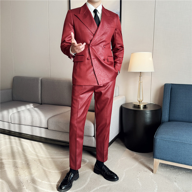 宴会主持人西服套装男双排扣大戗驳领亮面提花西装潮LJT703-P233，男装西服，电商A213