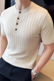 新中式圆领针织Polo衫~冰丝条纹亨利领短袖T恤男米白色PL8939-P58，男装T恤，电商A213