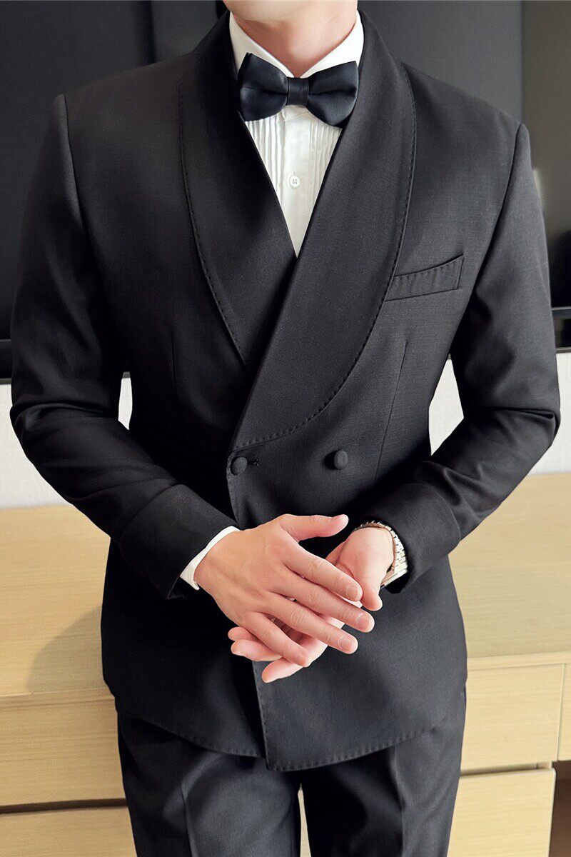 袖口时尚设计感西服套装青果领西装两件套男礼服黑色LJT6602-P247图片