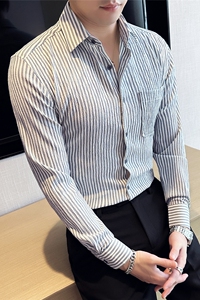 薄款泡泡纱面料高弹免烫条纹休闲长袖衬衫防晒衬衣外套C2307-P63图片